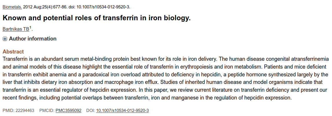 Aperçu de la publication <em>Known and potential roles of transferrin in iron biology</em> depuis le site PubMed.