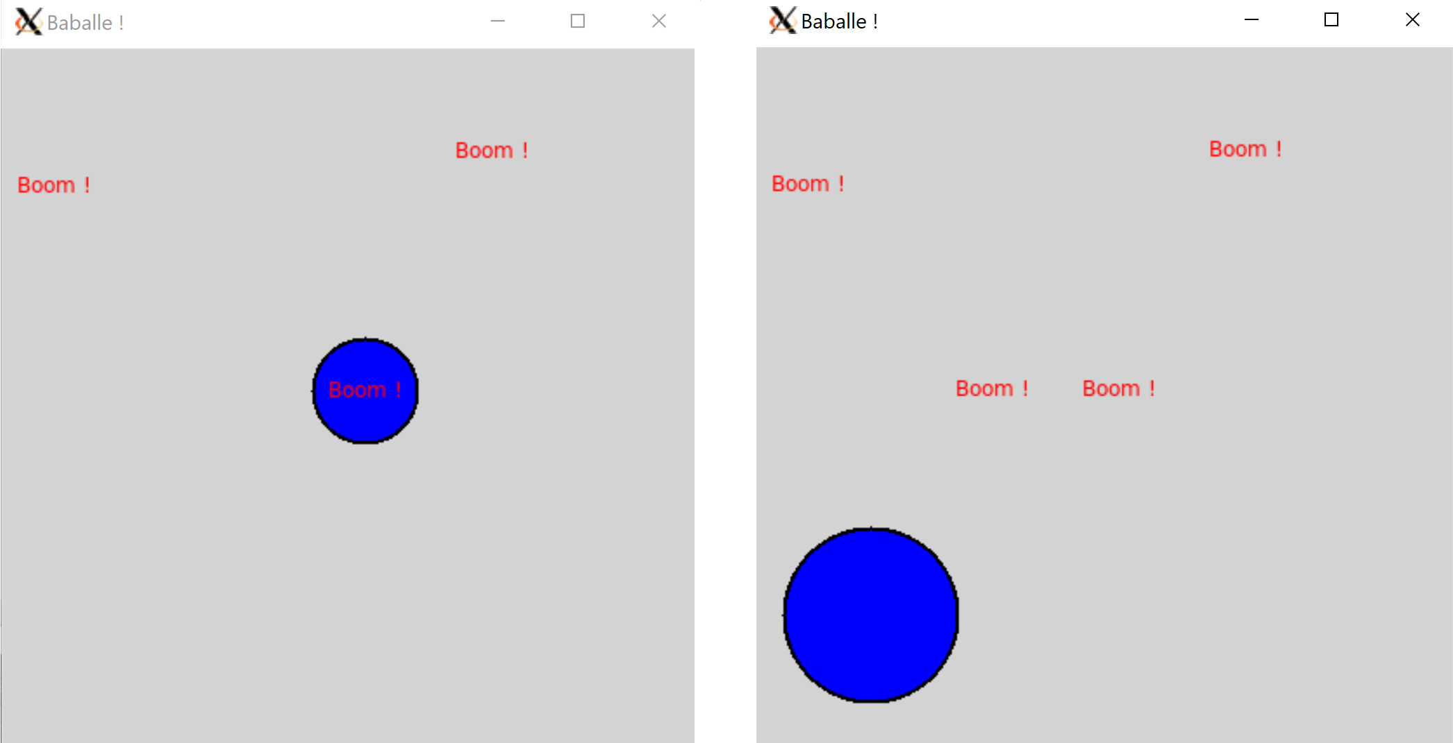 Exemple de <em>canvas</em> animé à deux instants de l'exécution (panneau de gauche: au moment où on effectue un clic central ; panneau de droite: après avoir effectué plusieurs clics gauches).